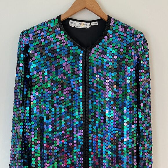 VTG Oleg Cassini All Over Sequin Silk Jacket Glam Evening Colorful Oversized M - Picture 3 of 15